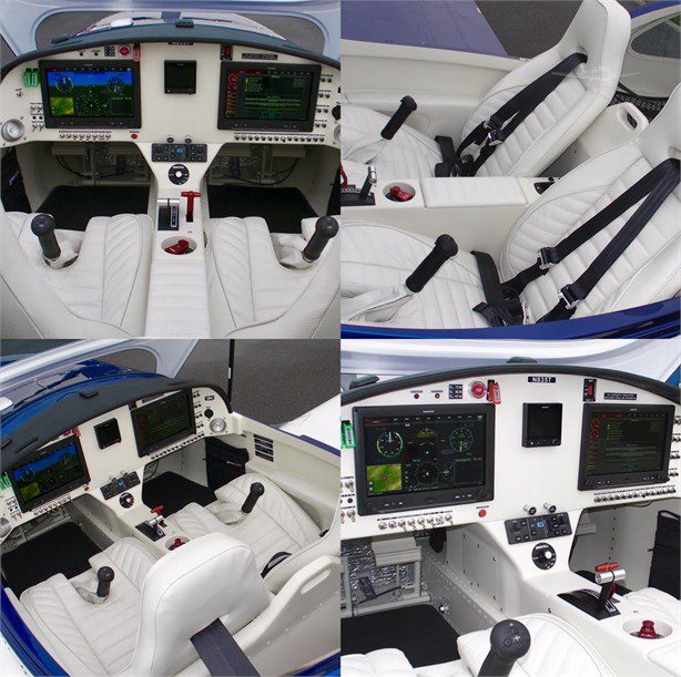 Four different views of a cockpit with many controls.
