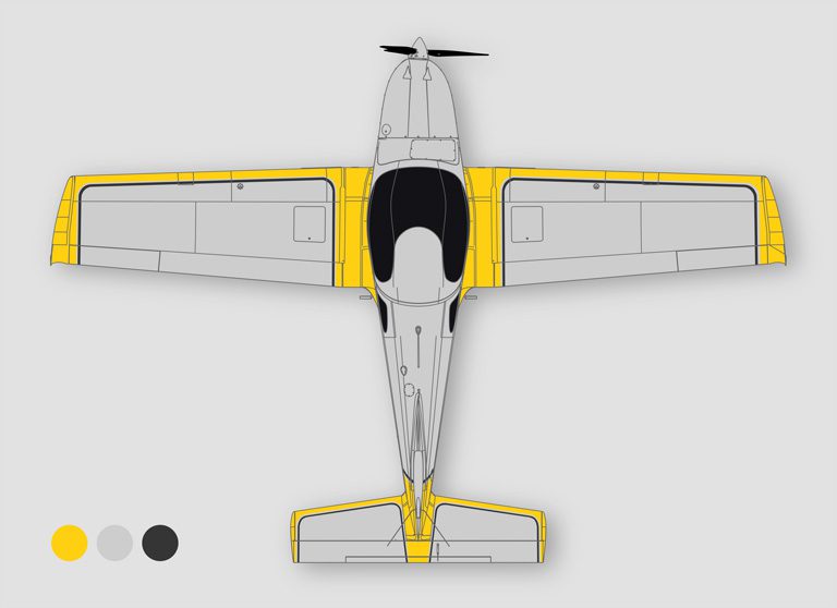 A small airplane with yellow trim and black tail.