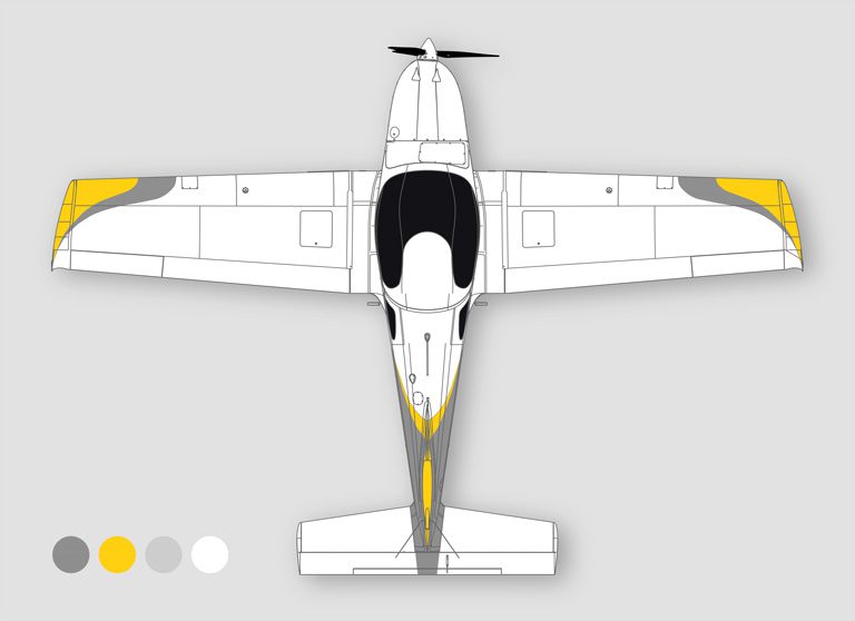 A white plane with yellow stripes on the side.