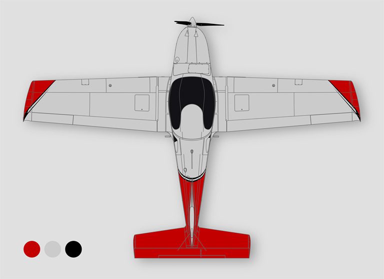 A red and white plane is shown from above.