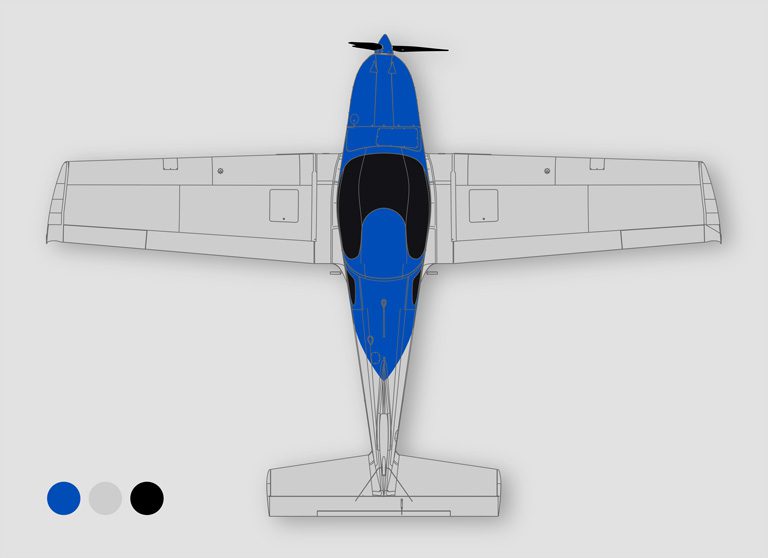 A blue and white plane is shown from above.