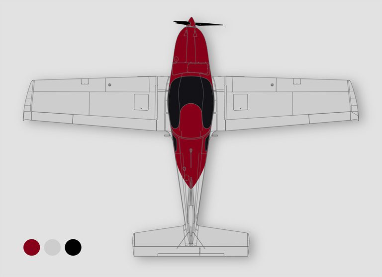 A red and white plane is shown from above.