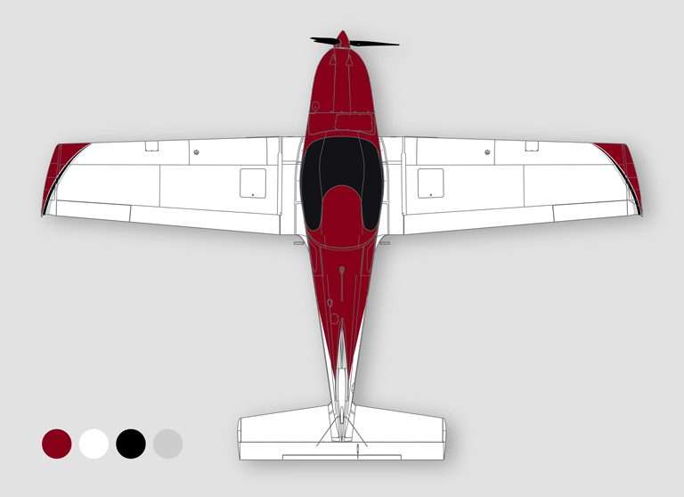 A red and white plane is shown from above.