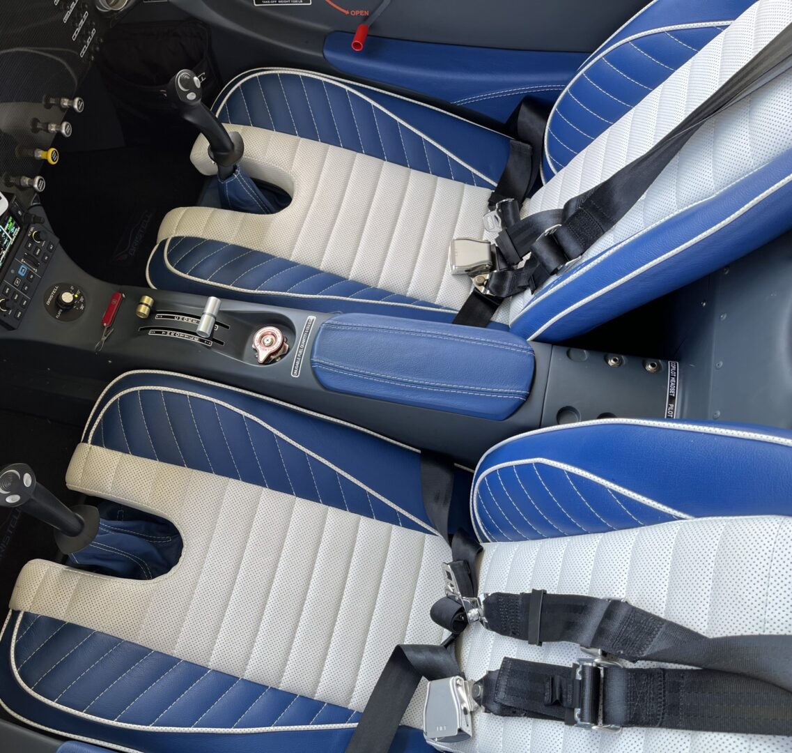 A car seat with blue and white leather